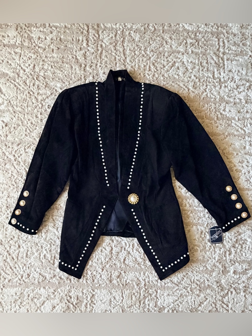 Black Vintage Madeleine Genuine Leather Pearl Studded Western Blazer Jacket